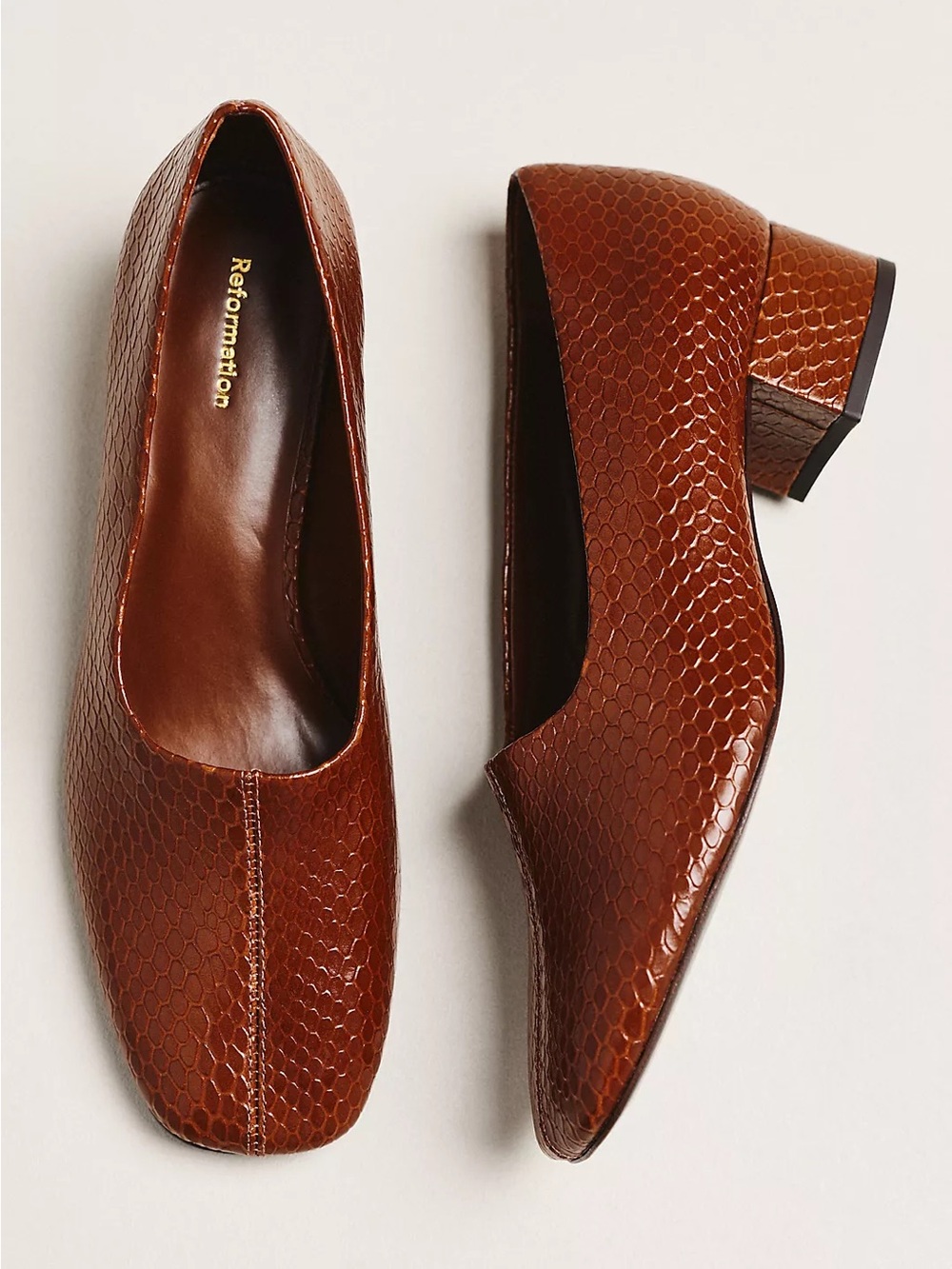Reformation Inez Square-Toe Pumps cognac snake
